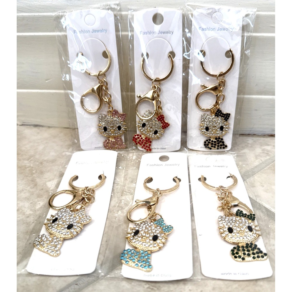 Lot 6 Hello Kitty Crystal Rhinestone Key Chain Bag Charm Fashion‎ Unbranded